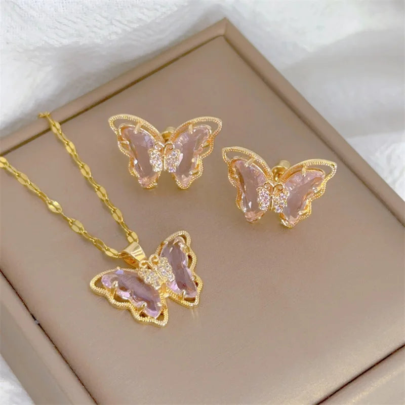 Micro-inlaid Butterfly Necklace Earrings Set Classic Light Luxury Transparent Stainless Steel-Dollar Bargains Online Shopping Australia