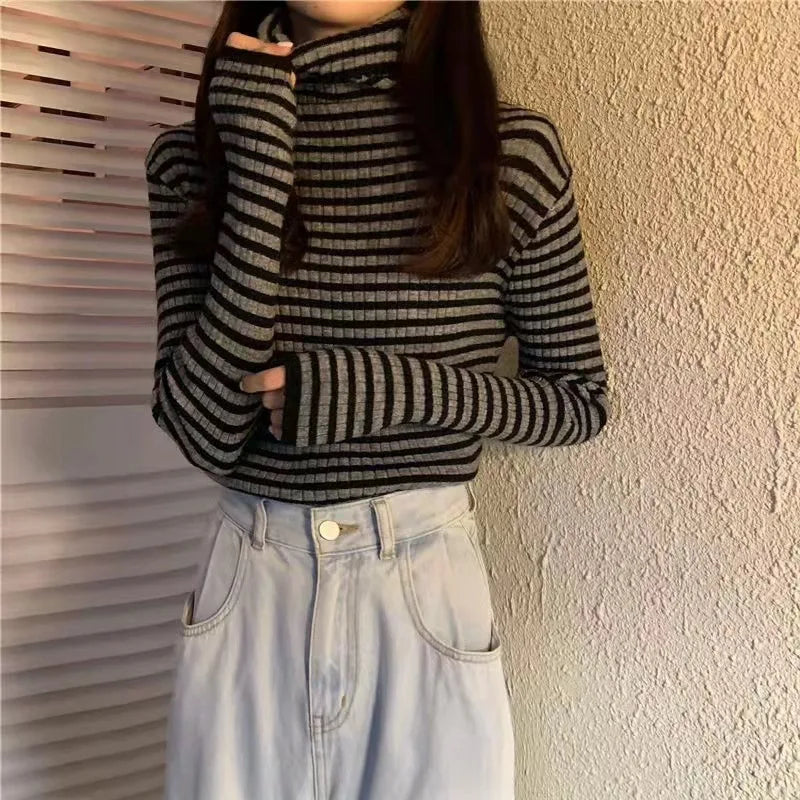 Women's Striped Turtleneck Sweater Autumn and Winter Knit Sweater-Dollar Bargains Online Shopping Australia