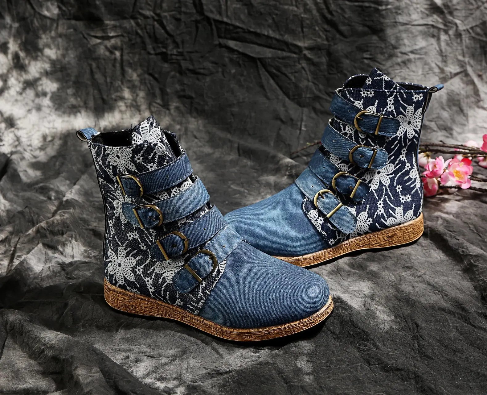 Women Boots Retro Printed Metal Buckle Soft Leather Zipper Ankle Boots Ladies Shoes Women