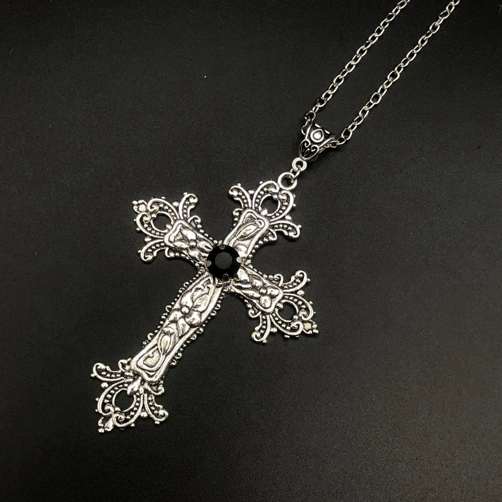 Large Detailed Cross Drill Pendant Jewel Necklace Silver Color Tone Gothic Punk Jewellery Fashion Charm Statement Women-Dollar Bargains Online Shopping Australia