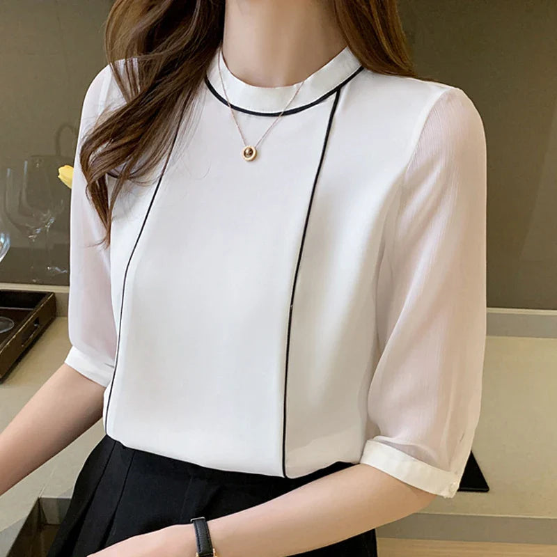 O-Neck Blue Chiffon Blouse Shirt Tops Women Short Sleeve Blouse Women-Dollar Bargains Online Shopping Australia