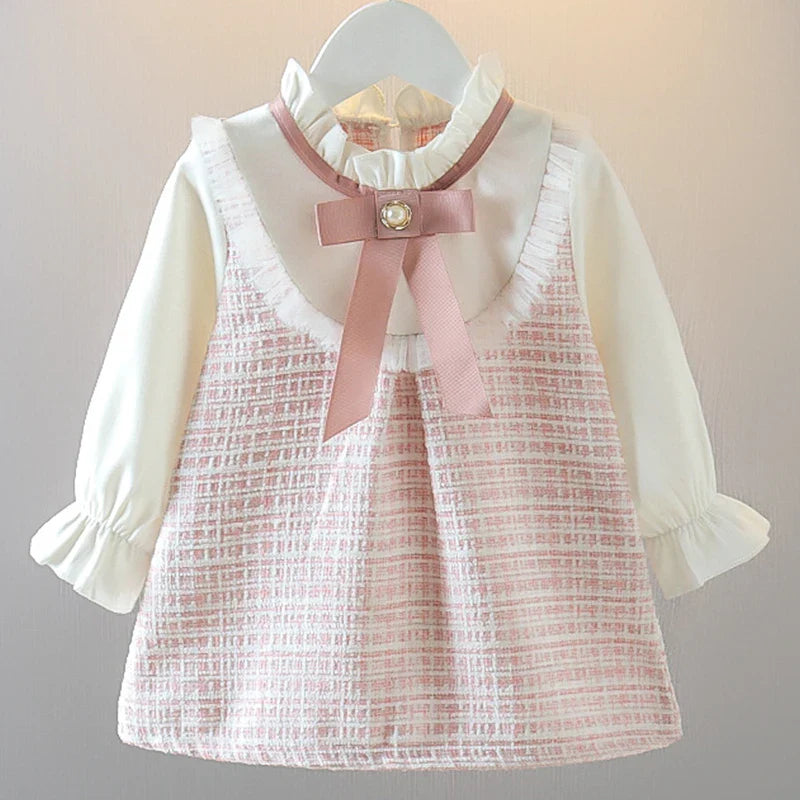 Girl Dresses Korean Fashion Cute Bow Mesh Plaid Long Sleeve Princess Kids Dress Baby Clothes Outfit-Dollar Bargains Online Shopping Australia