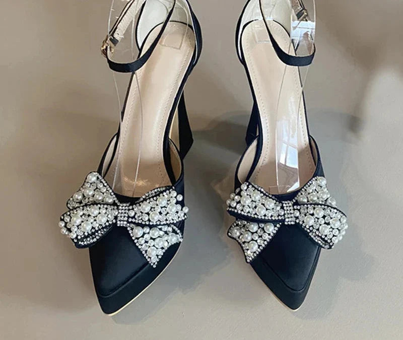 Pearl Butterfly-Knot Women High Heels Sandals Sexy Thick Bottom Pointed Toe Platform Pumps Wedding Banquet Shoes-Dollar Bargains Online Shopping Australia