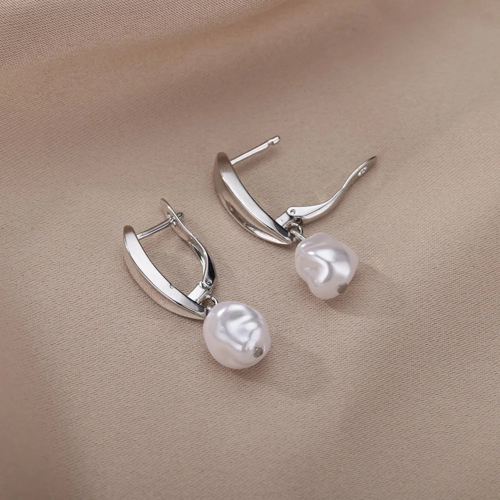 Baroque Pearl Earrings For Women Stainless Steel Zircon Water Droplet Steel Ring Drop Earring Wedding Party Jewelry Bijoux Femme