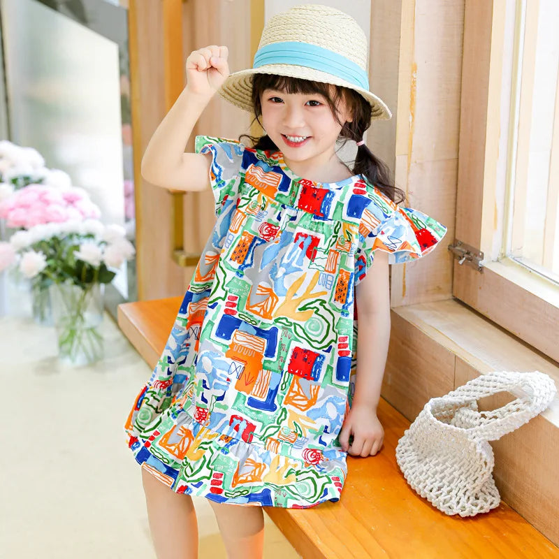 Children's kids Clothes Girls Party Princess Fashion Outfit Flower Pattern Beach Dresses