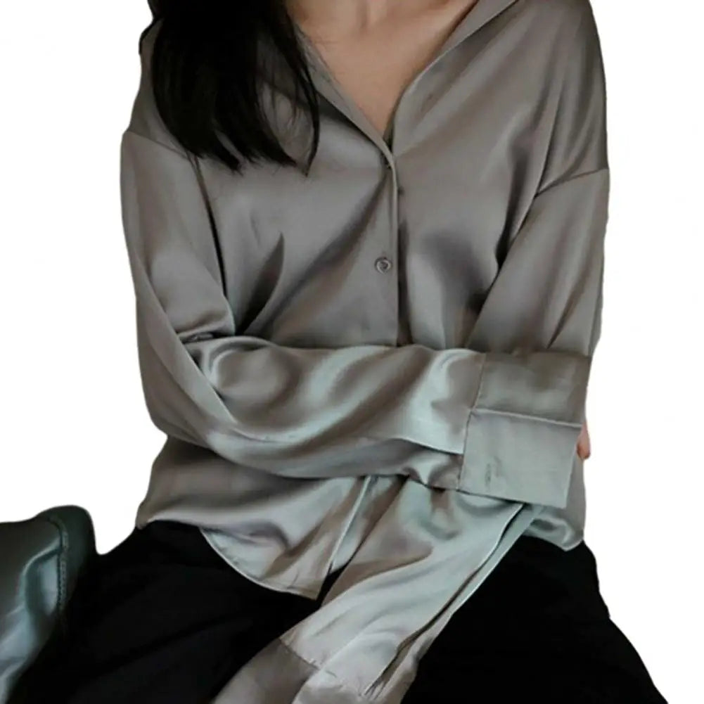 Women Shirt Formal Business Blouse Shirt Vintage Satin Silky Loose Long Sleeve Lapel-Dollar Bargains Online Shopping Australia