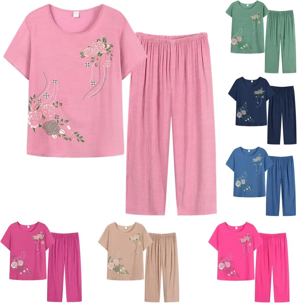 Pyjamas Set Sleepwear Women Cotton Print Flower Loose Nightwear