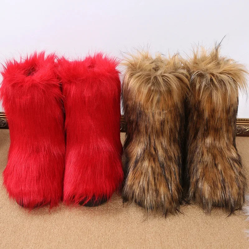 Fashionable Colored Plush Snow Boots Women Winter New Fox Long Hair Comfortable Cotton Shoes Anti Slip Wear-resistant Flat Shoes