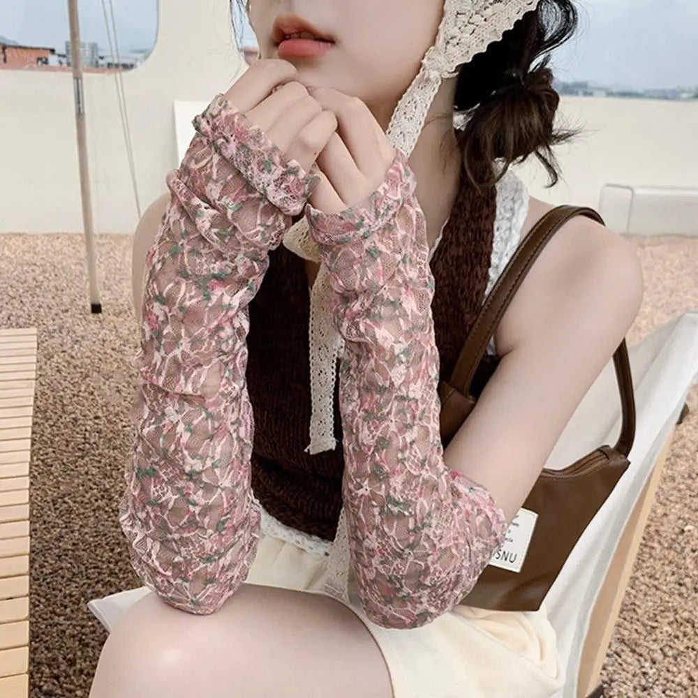 Lace Hollow-Out Long Gloves Women Summer Sun Protection Arm Sleeves Mesh Thin Cycling Mittens