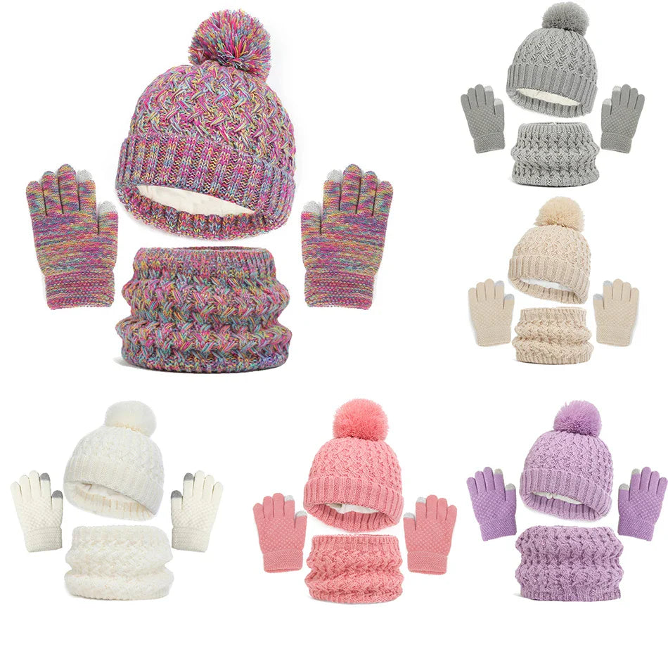 Toddlers Winter Warm Suits Knitted Hat Scarf and Gloves Set Solid Thermal Suit Boys Girls Caps Set Christmas Gift Winter Outfits-Dollar Bargains Online Shopping Australia