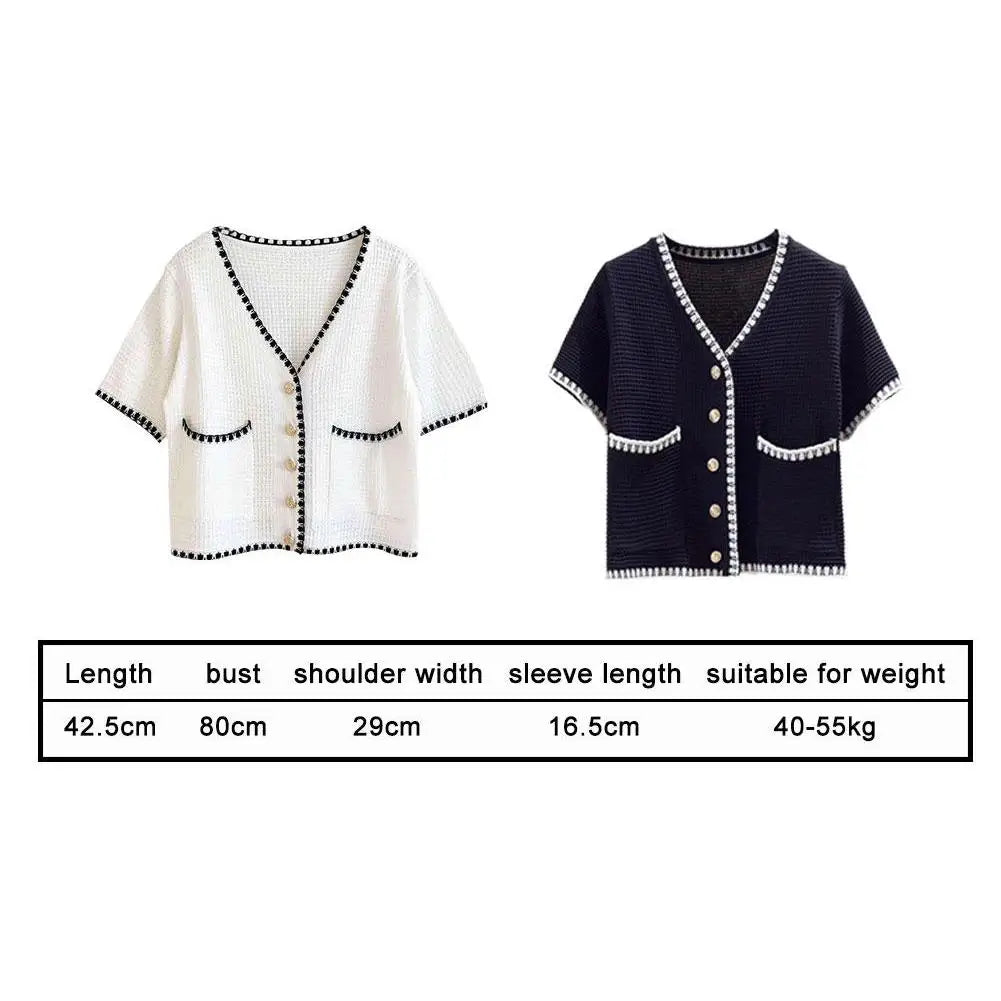 Women's V-neck T-Shirt Tops Small Fragrant Style Summer Short Sleeved Thin Knit Cardigan Elegant Slim-fit All-Match-Dollar Bargains Online Shopping Australia