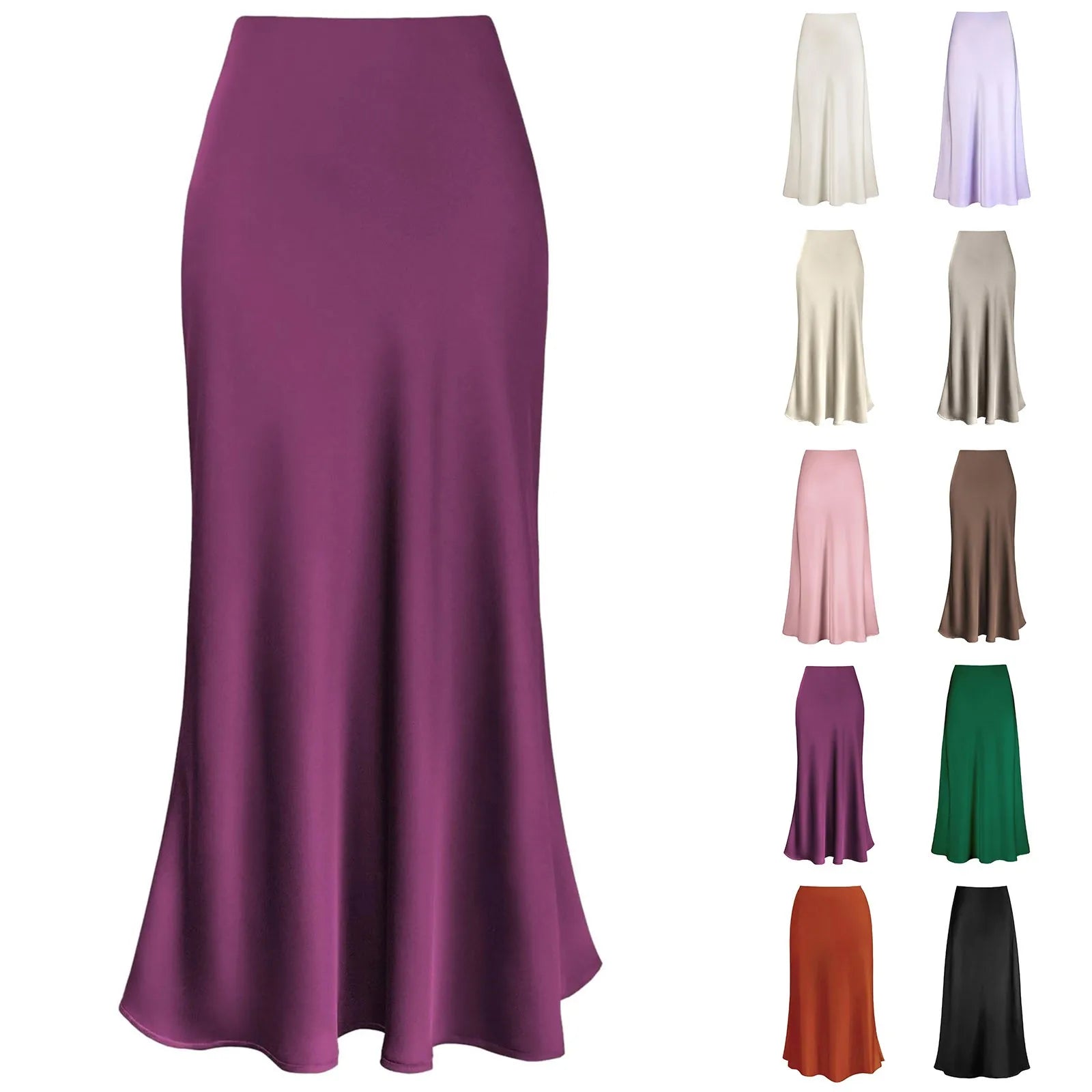 A-Line Pleated Long Skirts Summer Women Skirt Streetwear Elastic Waist Solid Elegant Satin Dress