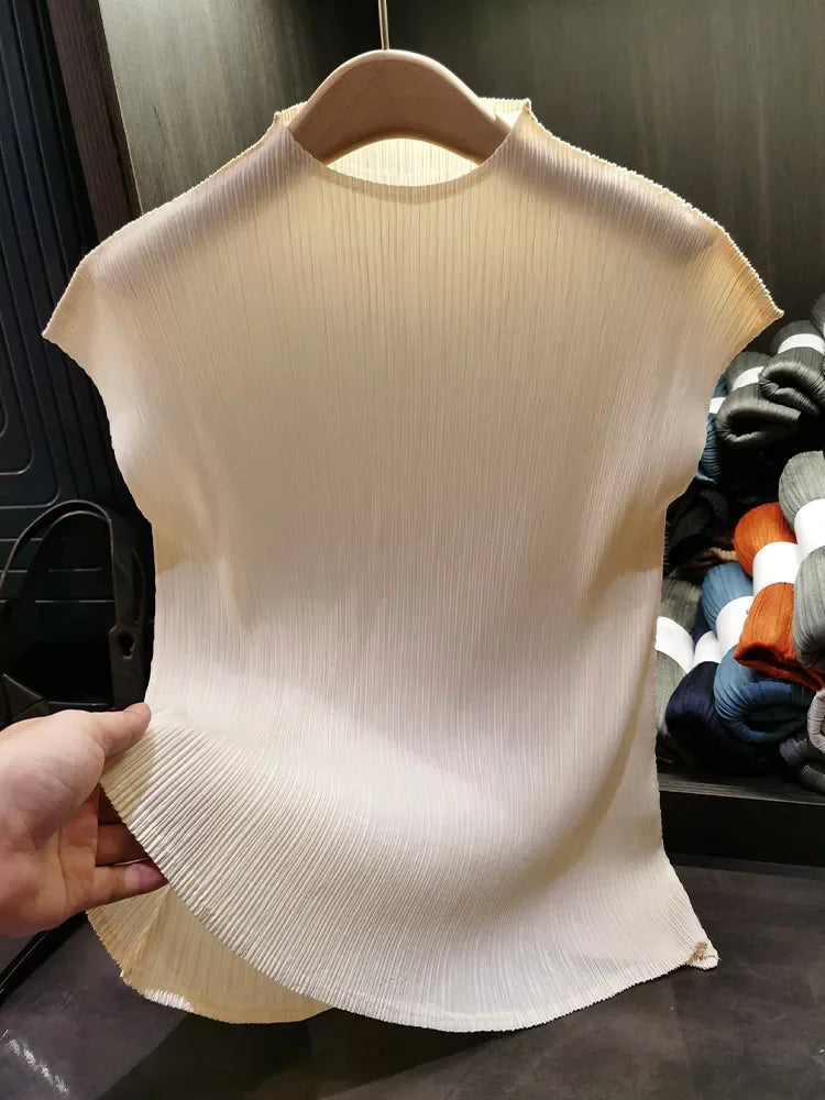 Versatile Classic Simple Solid Color Stand Up Collar Pleated Top Women Slim Slim Short Sleeve Miyake T-shirt Summer-Dollar Bargains Online Shopping Australia