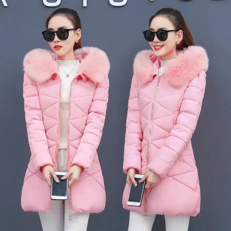 Winter Parkas Women Cotton-Padded Jacket Women's Fur Collar Cotton Liner Jacket Slim Long Thick Coat Hooded Female