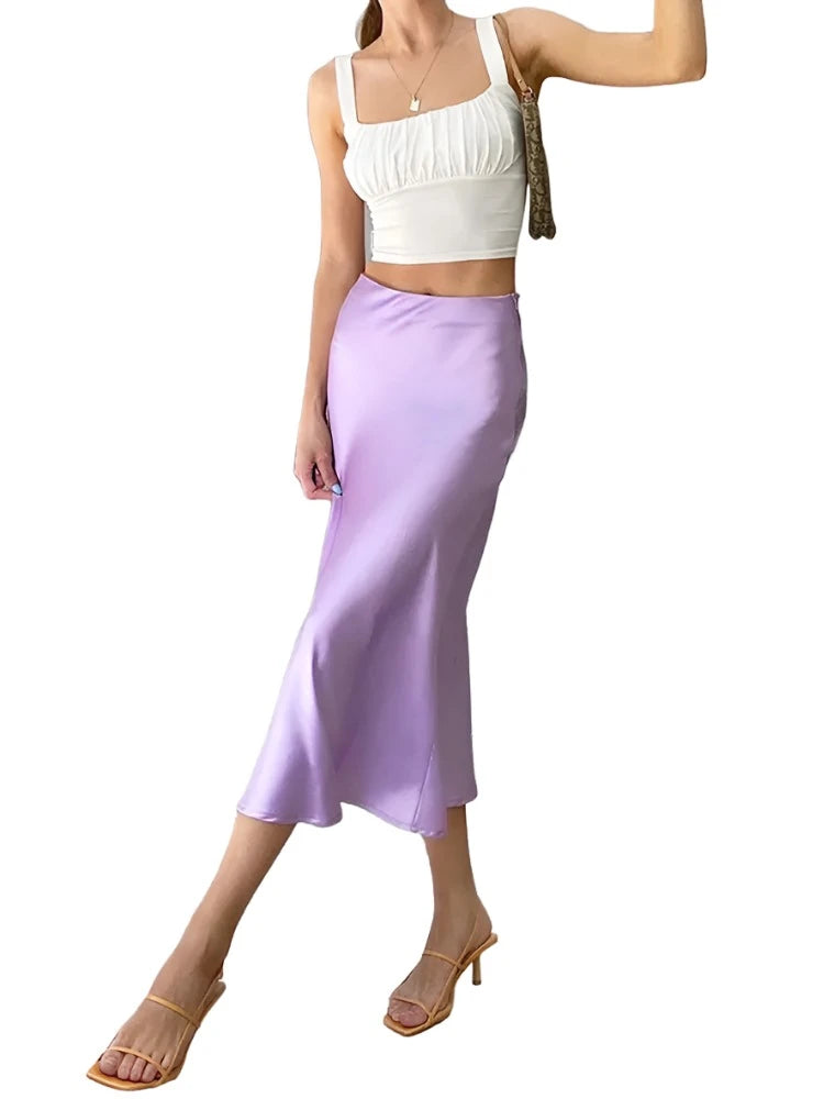 Satin Silk Skirt Women High Waisted Summer Long Skirt Ladies Office Skirts Midi Spring