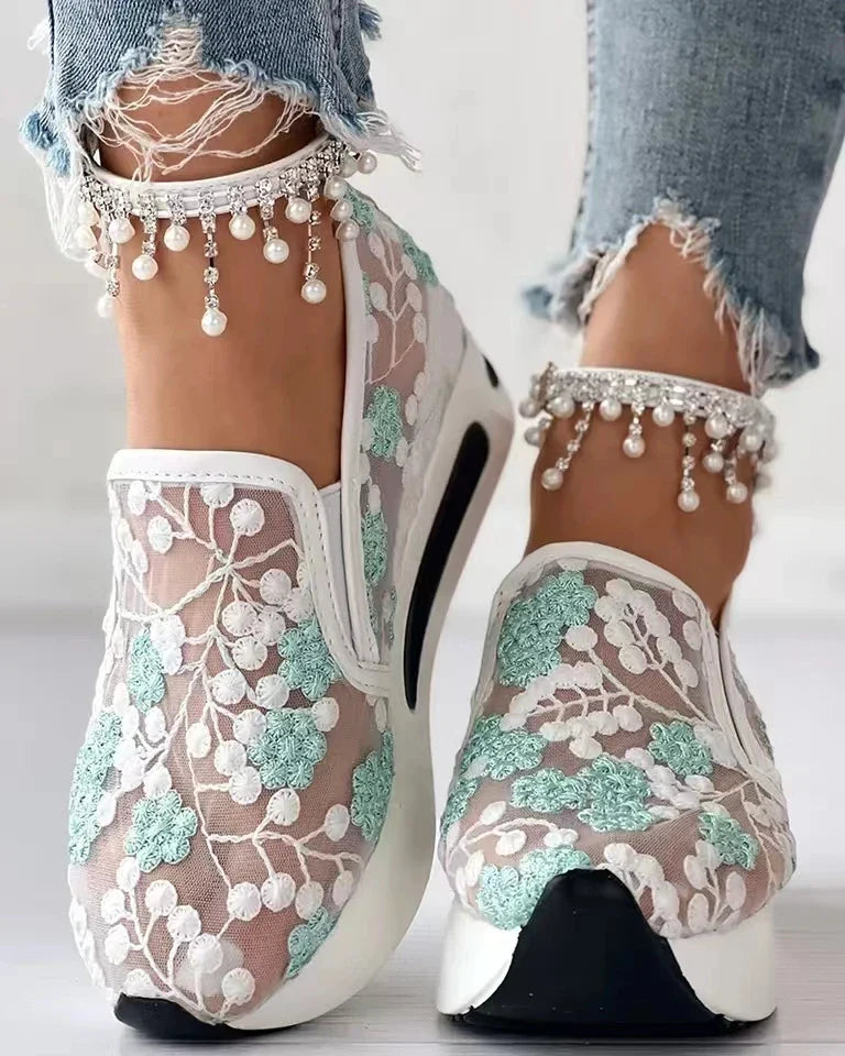Women's Sneakers Floral Embroidery Mesh Sneakers for Women Slip on Casual Comfy Heeled Shoes Woman