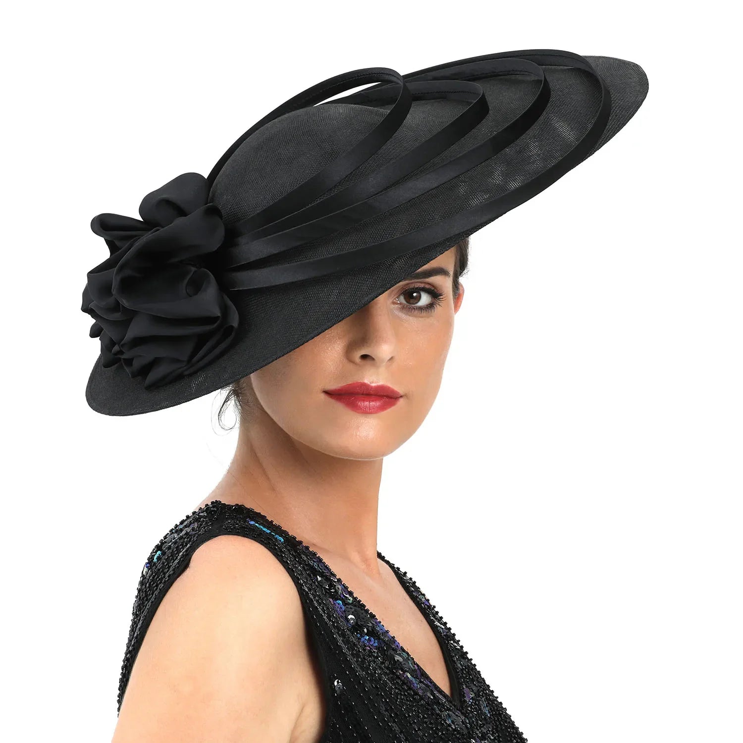 Black Large Flower Fascinator Sinamay Church Hat Kentucky Derby Hat Wedding Luxury Headband Hat Cocktail Tea Party for Women-Dollar Bargains Online Shopping Australia