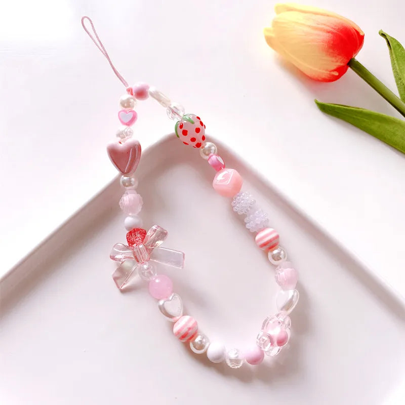 Simple Pink Bear Heart Strawberry Bowknot Flower Acrylic Imitation Pearl Beaded Phone Chain for Women Girls Sweet Accessories-Dollar Bargains Online Shopping Australia
