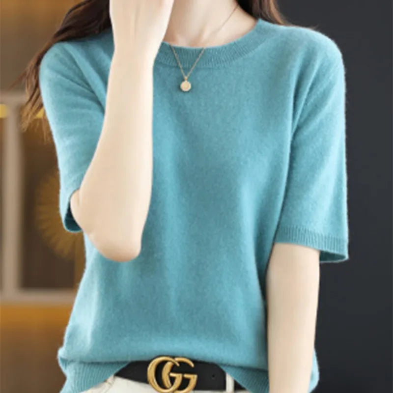 Spring and Summer New Short-sleeved Women O-neck Slim Wool Cotton Blend Pullover Vest T-shirt Knitted Base Sweater-Dollar Bargains Online Shopping Australia