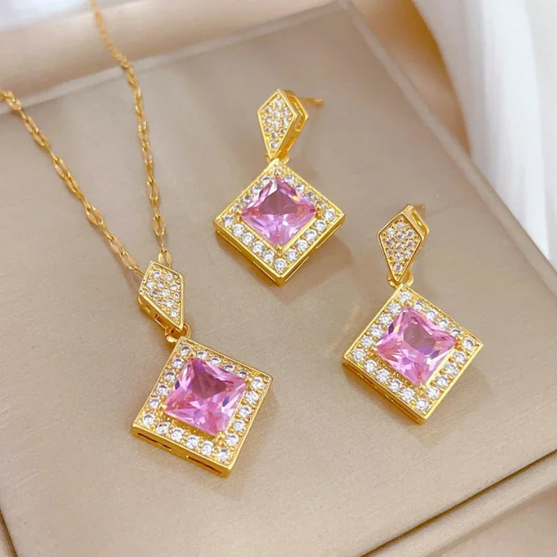 Exquisite Geometry Square Necklace Earrings Bracelet Jewelry Set Charm Ladies Jewelry Fashion Bridal Accessory Set Romantic Gift-Dollar Bargains Online Shopping Australia