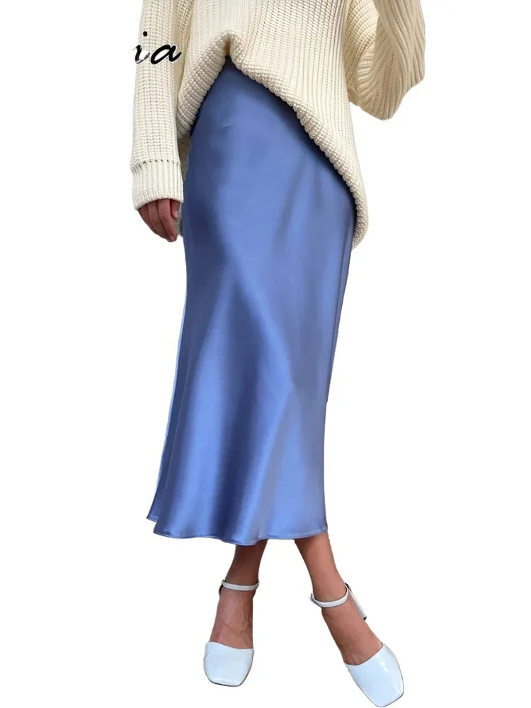 Silk Satin Skirts for Women High Waisted Skirt Women A-Line Elegant Skirts Summer Pink Midi Skirt-Dollar Bargains Online Shopping Australia