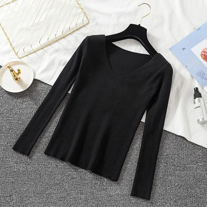 Women Sweater Long Sleeve Pullover Basic Top Fashion V-neck Elastic Female Winter Solid Knitted Jumper-Dollar Bargains Online Shopping Australia
