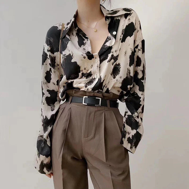 Cow Print Button Up Shirts Women Spring Plus Size Tops Korean Fashion Clothes Chiffon Streetwear Long Sleeve