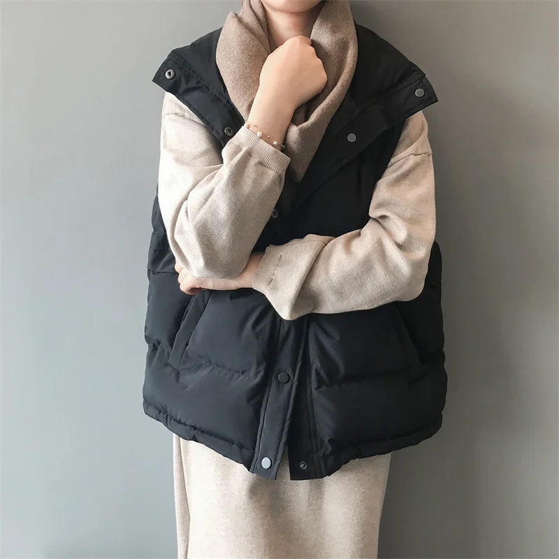 Elegant Cotton Warm Vest Female Students Streetwear Loose Sleeveless Parkas Vest Women