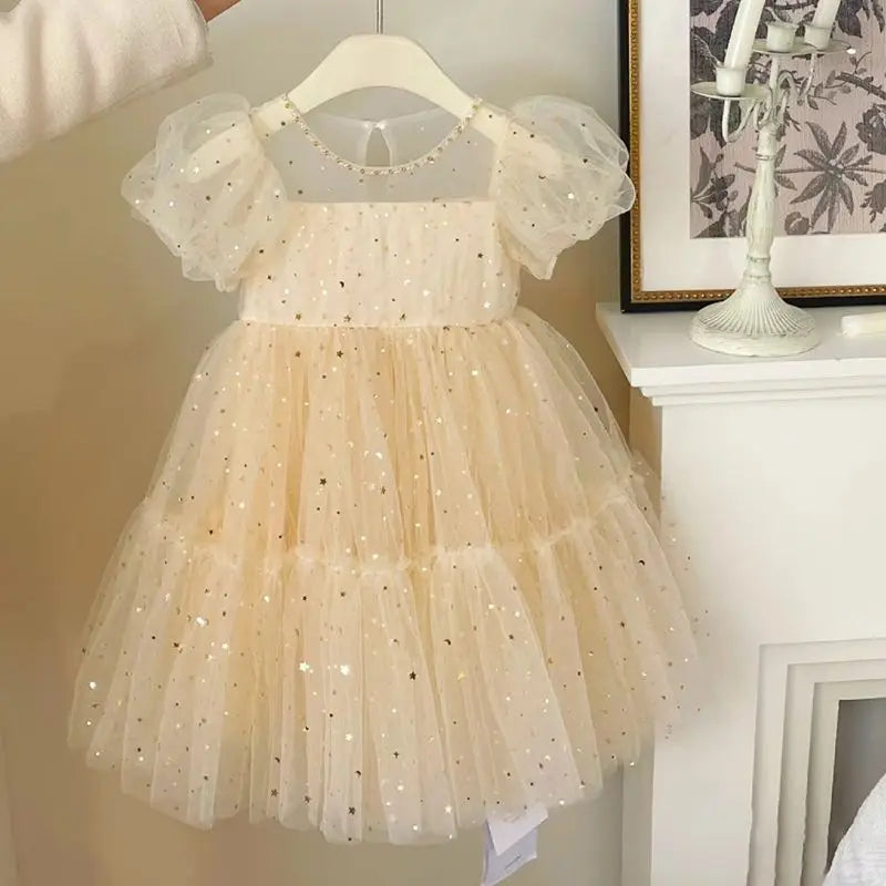 Girls' Elegant Dress Girl Baby Bubble Sleeve Mesh Sequin Dress Temperament Princess Party Short Sleeve Dress-Dollar Bargains Online Shopping Australia