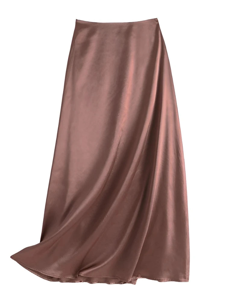 Woman Spring Autumn Satin Silk Skirt Work OL Back Zipper Faldas Saia Jupe Elegant Casual Party Solid Sundress 2023