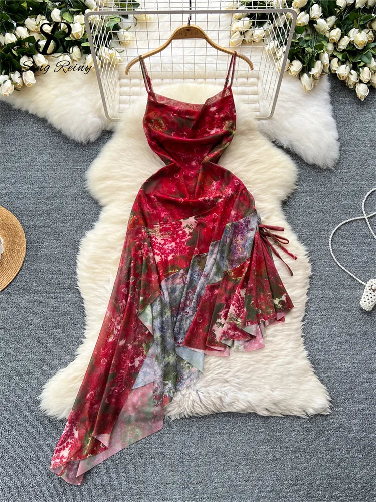 Women Spaghetti Strap Dress Mesh Sleeveless Lace up Design Irregular Retro Fashion Sexy Gentle Party Long Sundress-Dollar Bargains Online Shopping Australia