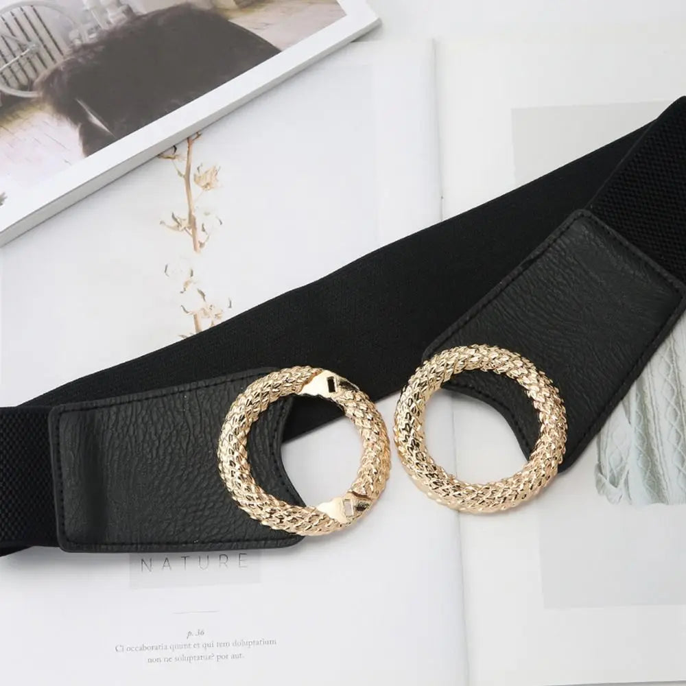 Wide Belts Decorated Elastic Leather Waistband Gold Buckle Dress Sweater Waist Belt for Woman
