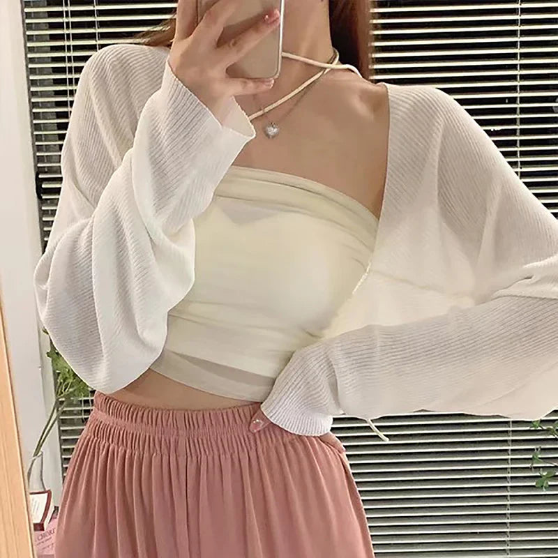Summer Ice Silk Short Knitted Sunscreen Cardigan Women Solid Color Long Sleeve Thin Smock-Dollar Bargains Online Shopping Australia