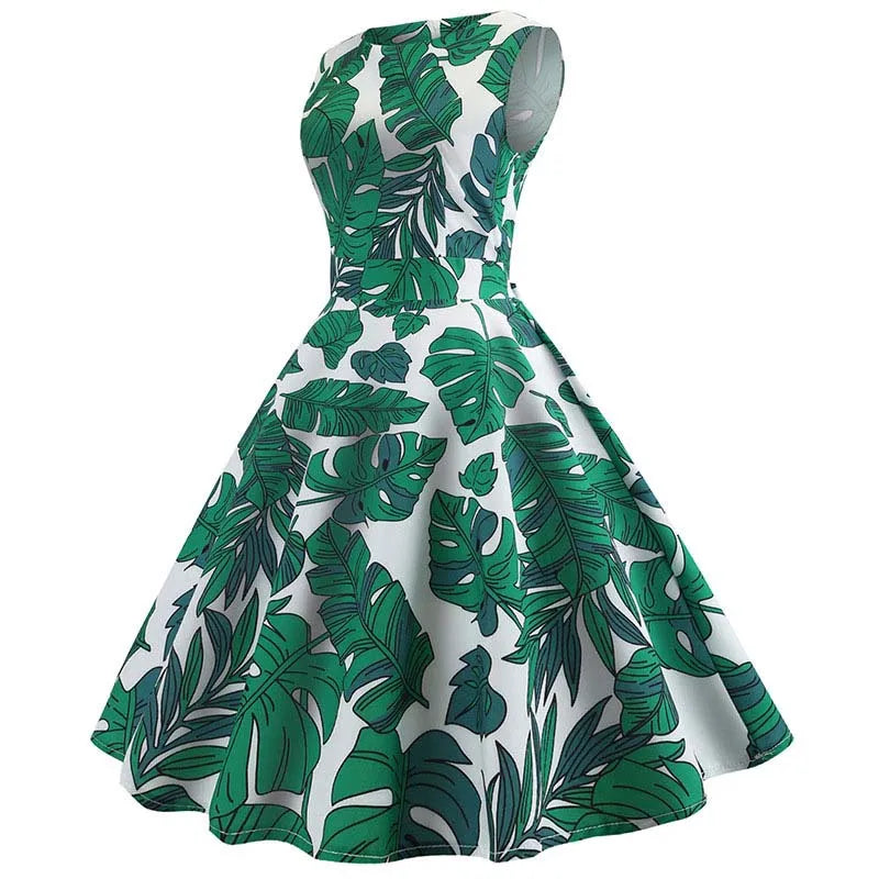 Women Summer Dress Sleeveless Green Leaf Print Midi Dress O Neck Retro Vintage Party Robe