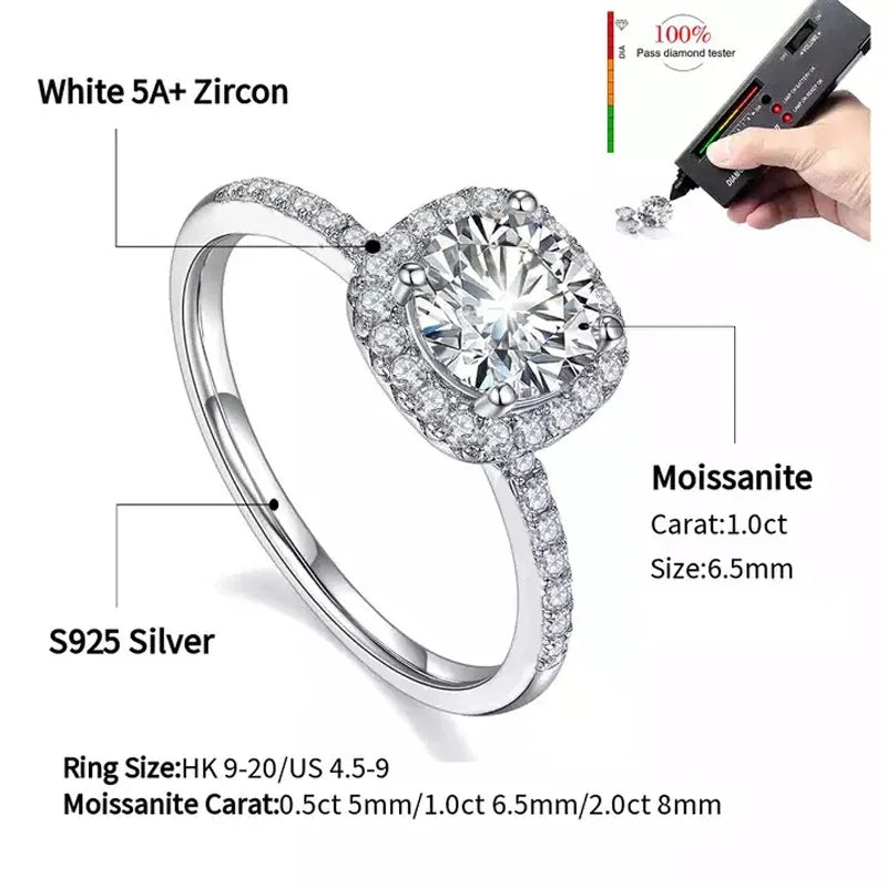 Moissanite Sterling Silver Ring For Women Square Round Brilliant Diamond Finger Band Wedding Jewelry Gift