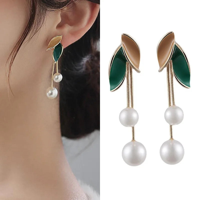 Unique Design Elegant Delicate Light Luxury Pearl Leaf Tassel Earrings Women Jewelry Party