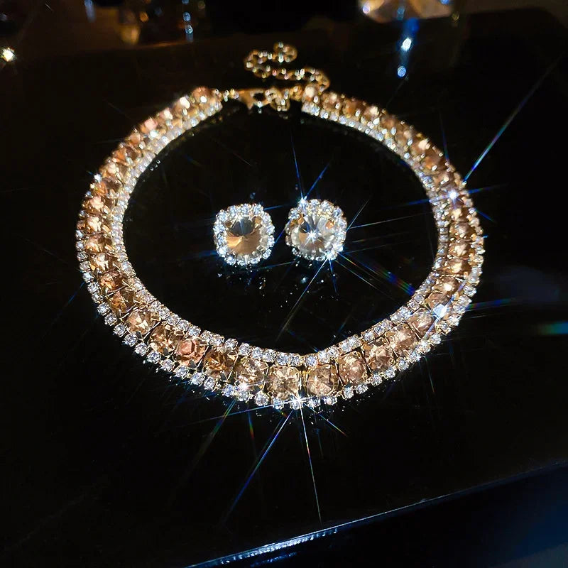 FYUAN Luxury Crystal Necklace Earrings Set Pink ABcolourful Necklace for Women Weddings Party Jewelry Sets Accessories-Dollar Bargains Online Shopping Australia