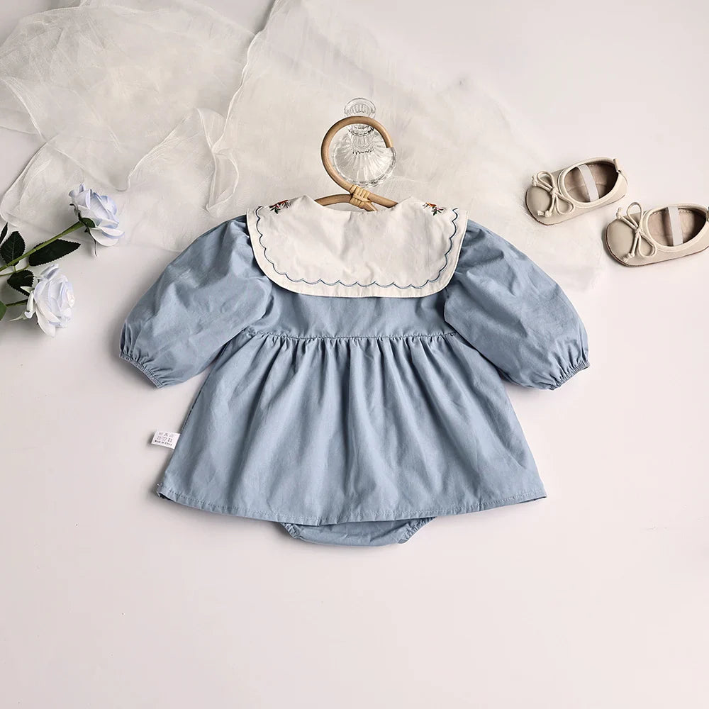 Solid Pleated Baby Bodysuit Toddler Girls Princess Clothes embroidery Big Collar Infant Clothing-Dollar Bargains Online Shopping Australia