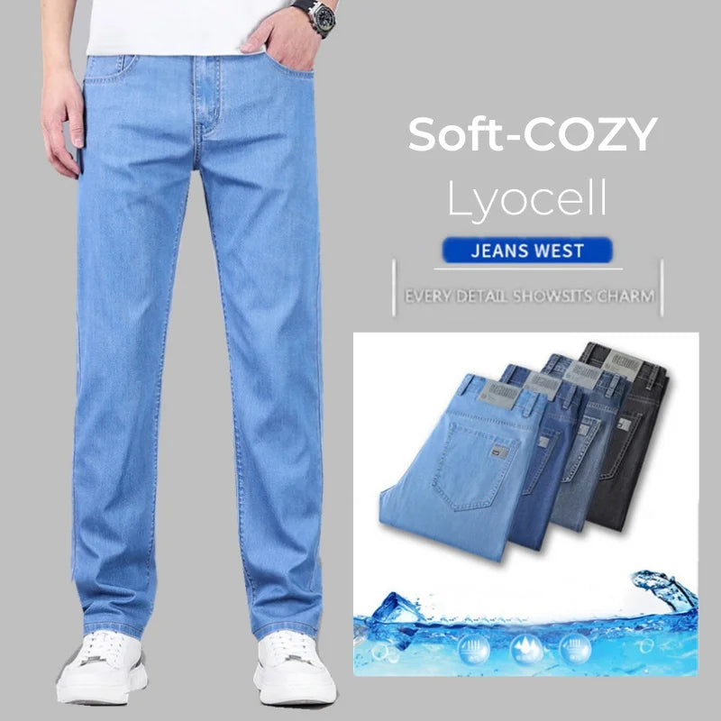 Lyocell Jeans Men's Clothing Thin Stretch Straight Business Casual Denim Pants Loose Cotton Trousers Male