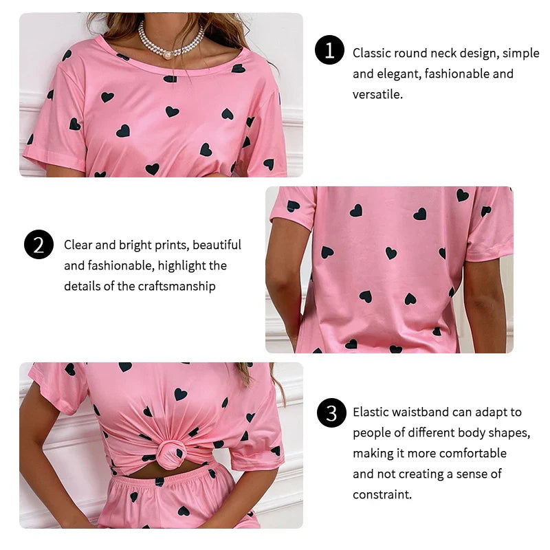 Women's Sleepwear Love Printed Short Sleeved T-shirt and Trousers Pajamas Set Casual Homewear Soft Comfortable Pyjamas Femme Pjs