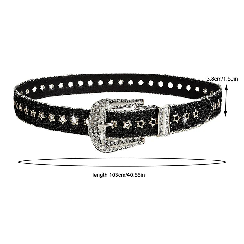 Y2K Rhinestones Buckle Belt Punk Star Hole Waist Strap Gothic Fashion Personality Belt For Cowgirl Skirt Waistband For Women Men