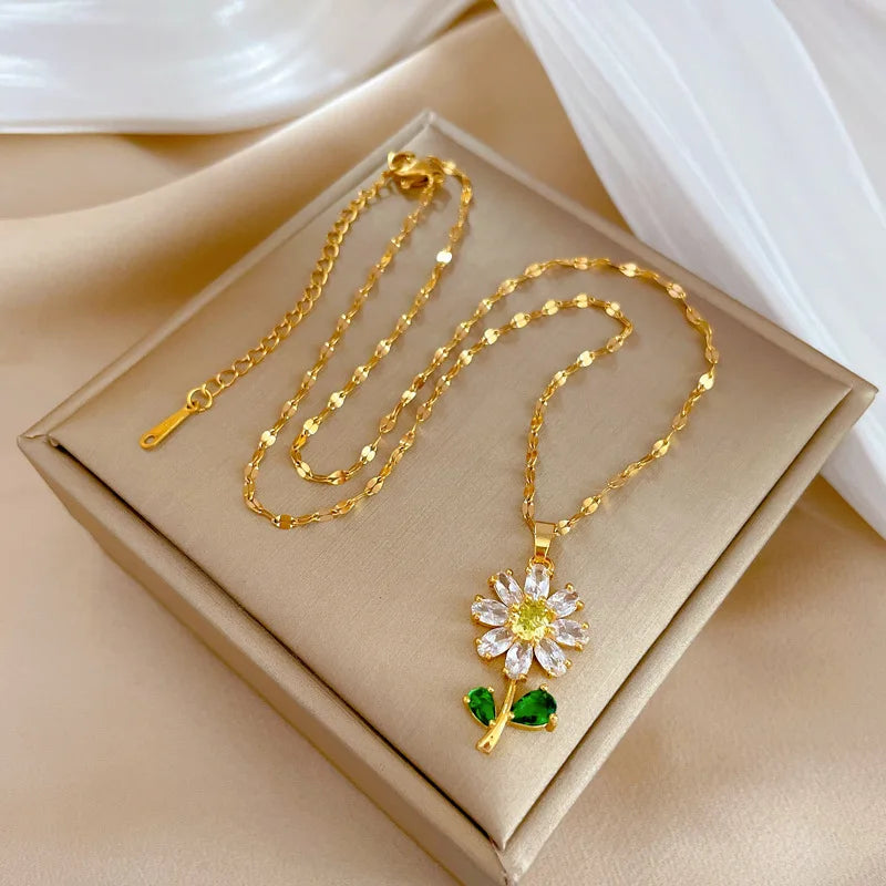 Fashionable Charming White Green Leaf Sunflower Necklace and Earrings Set Classic Retro Stainless Steel Party Wedding Jewelry-Dollar Bargains Online Shopping Australia