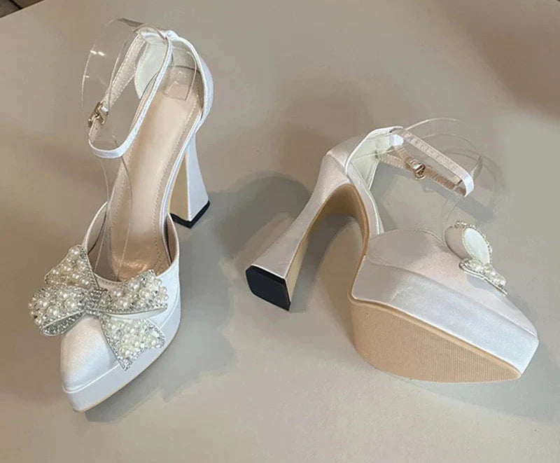 Pearl Butterfly-Knot Women High Heels Sandals Sexy Thick Bottom Pointed Toe Platform Pumps Wedding Banquet Shoes-Dollar Bargains Online Shopping Australia