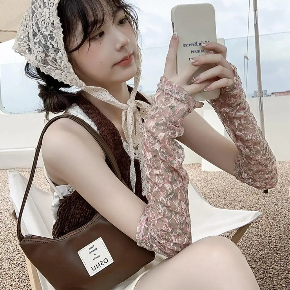 Lace Hollow-Out Long Gloves Women Summer Sun Protection Arm Sleeves Mesh Thin Cycling Mittens