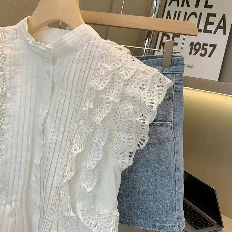 Women Solid Color Sleeveless Lace Hollowed Out Blouses Fashion Commute Round Neck Button Shirts Vest Tops-Dollar Bargains Online Shopping Australia