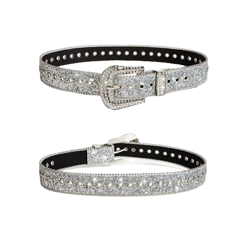 Y2K Rhinestones Buckle Belt Punk Star Hole Waist Strap Gothic Fashion Personality Belt For Cowgirl Skirt Waistband For Women Men