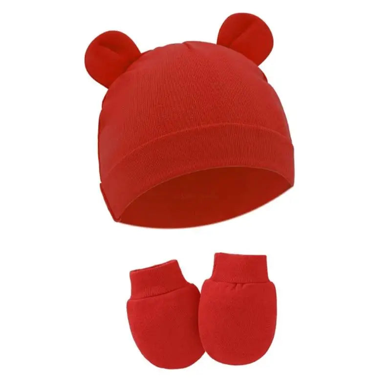 Newborn Cotton Hospital Hat Mittens Baby Beanie Solid Infant Baby Hats with Ear & No Scratch Mitten Soft Gloves Gift-Dollar Bargains Online Shopping Australia