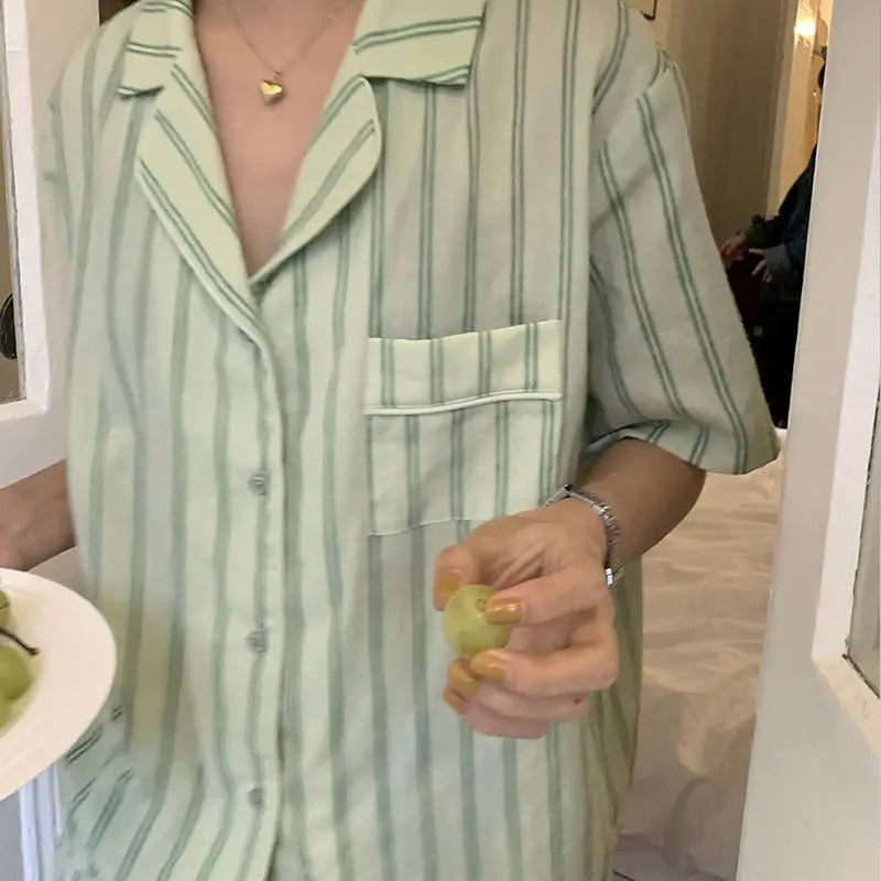 Striped Sleepwear Women Pajama Sets Korean Piiama Sets 2 Pieces Summer Night Wears Short Sleeve Pyjamas Pocket Home Suit 2024