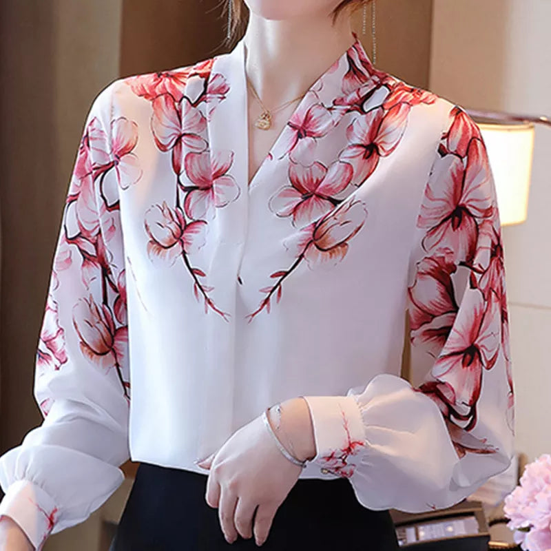 Blouses White Blouse Long Sleeve Blouse Women V-Neck Print Chiffon Shirt Women Tops-Dollar Bargains Online Shopping Australia