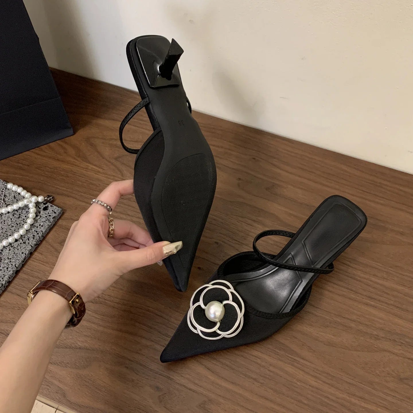 Flower Pointed Toe High Heels Women Luxury Designer Sandals Female Summer Elegant Fashion Pumps Woman Flower Mule Slippers Women-Dollar Bargains Online Shopping Australia